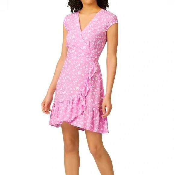 J. Crew Dresses & Skirts - J. Crew Wrap Dress Floral Print Purple White Cap Sleeve Ruffle Midi Size‎ 6